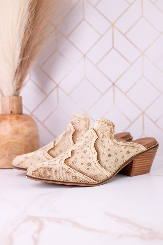 "Tex Mex" Pointed Toe Tan Washed Denim Mules - Whiskey Skies - CORKYS FOOTWEAR
