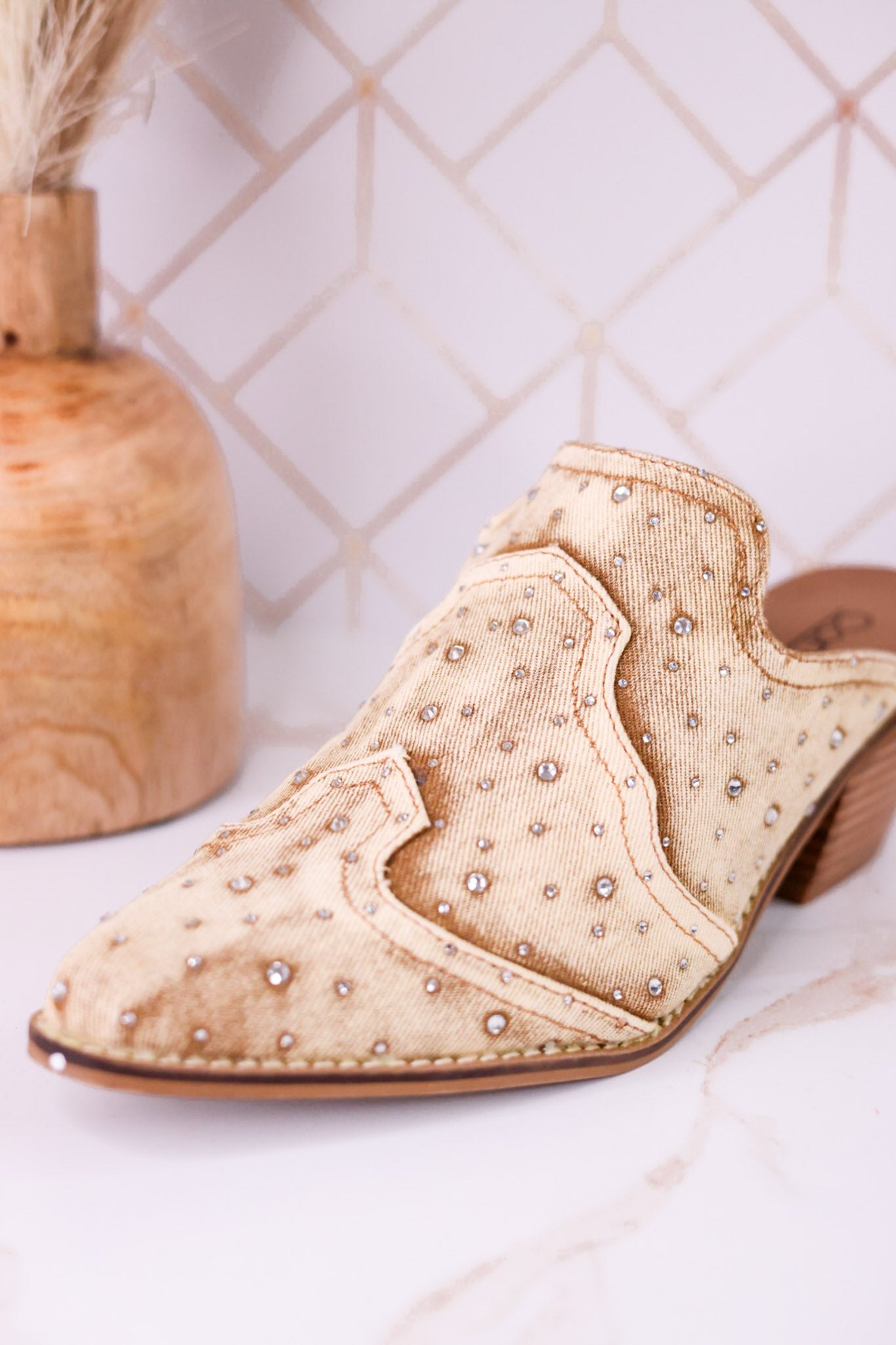 "Tex Mex" Pointed Toe Tan Washed Denim Mules - Whiskey Skies - CORKYS FOOTWEAR