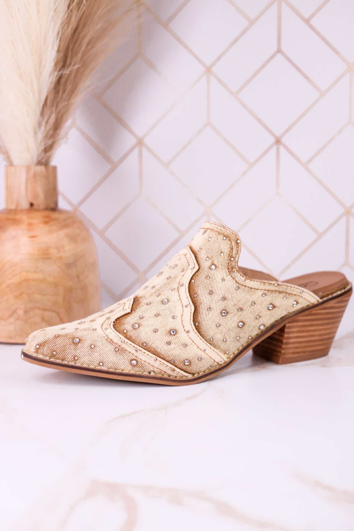 "Tex Mex" Pointed Toe Tan Washed Denim Mules - Whiskey Skies - CORKYS FOOTWEAR