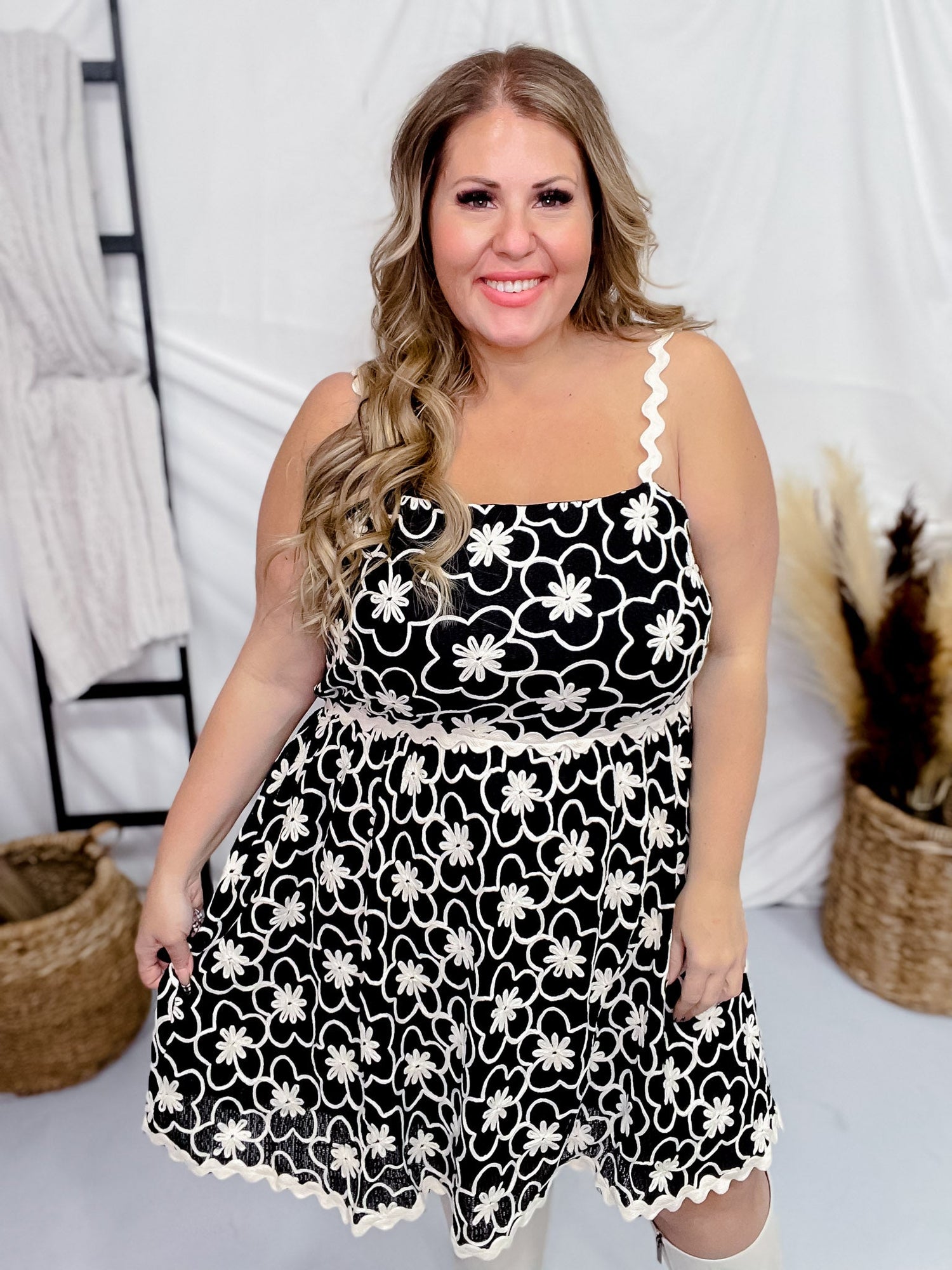 black dress with large flowers Big Flower Balloon Sleeve Dress