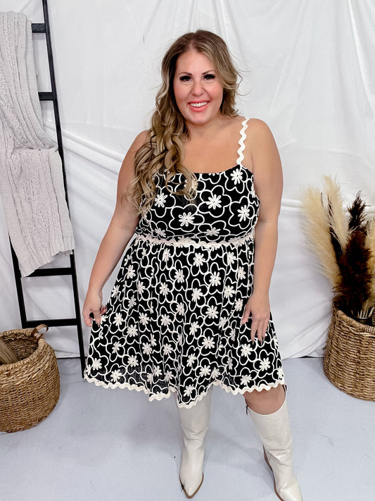 Textured Black Dress with Ivory Embroidered Flowers - Whiskey Skies - SWEET GENERIS