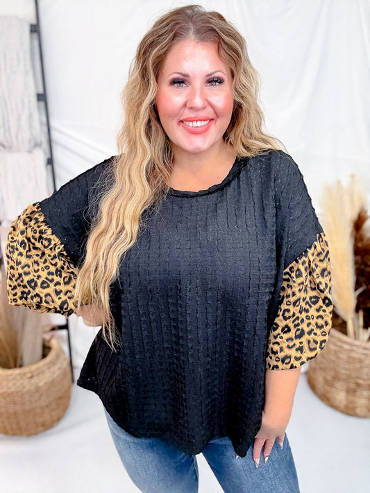 Textured Black Knit Top W/ Leopard Printed Bubble Sleeves - Whiskey Skies - ODDI