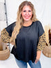 Textured Black Knit Top W/ Leopard Printed Bubble Sleeves - Whiskey Skies - ODDI