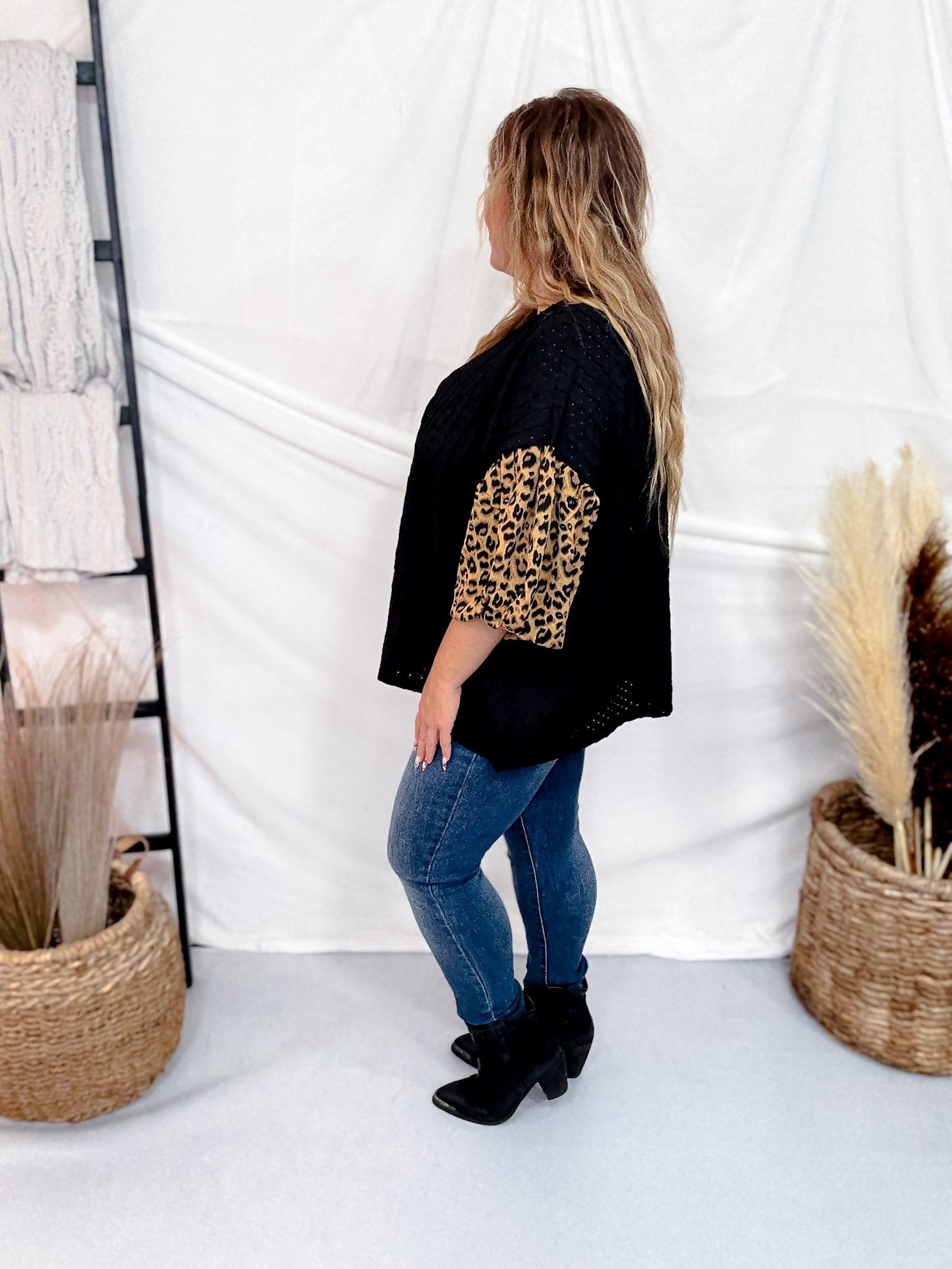 Textured Black Knit Top W/ Leopard Printed Bubble Sleeves - Whiskey Skies - ODDI