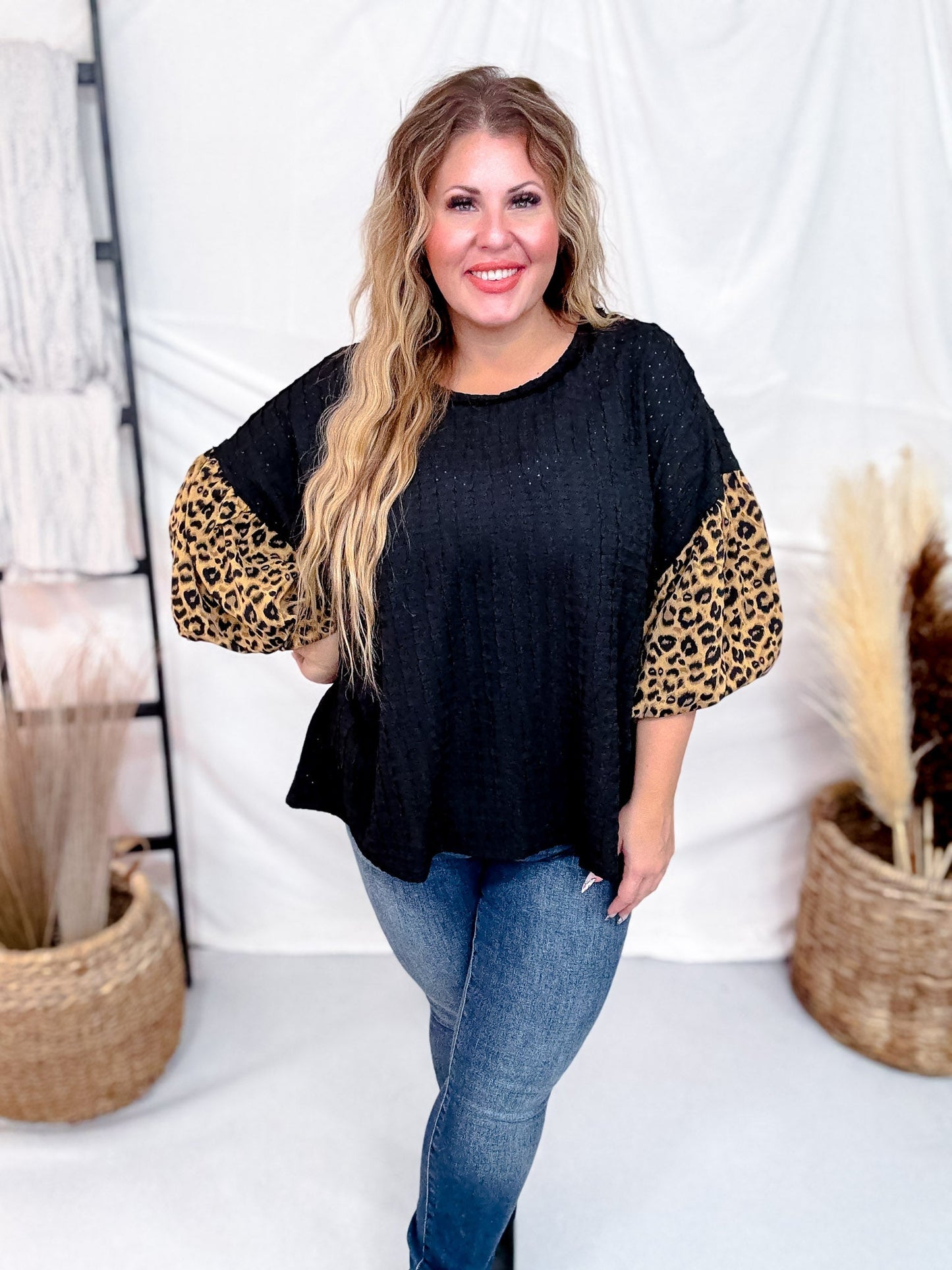 Textured Black Knit Top W/ Leopard Printed Bubble Sleeves - Whiskey Skies - ODDI