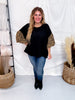 Textured Black Knit Top W/ Leopard Printed Bubble Sleeves - Whiskey Skies - ODDI
