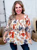 Textured Floral Peplum Top With Square Neckline - Whiskey Skies - HAYDEN