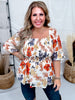 Textured Floral Peplum Top With Square Neckline - Whiskey Skies - HAYDEN