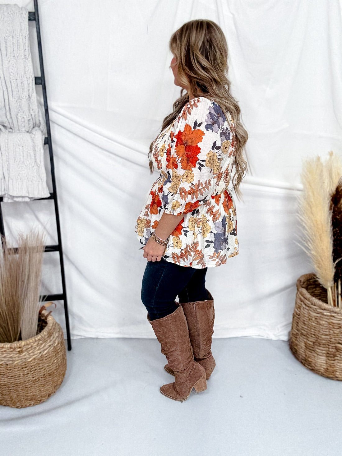 Textured Floral Peplum Top With Square Neckline - Whiskey Skies - HAYDEN