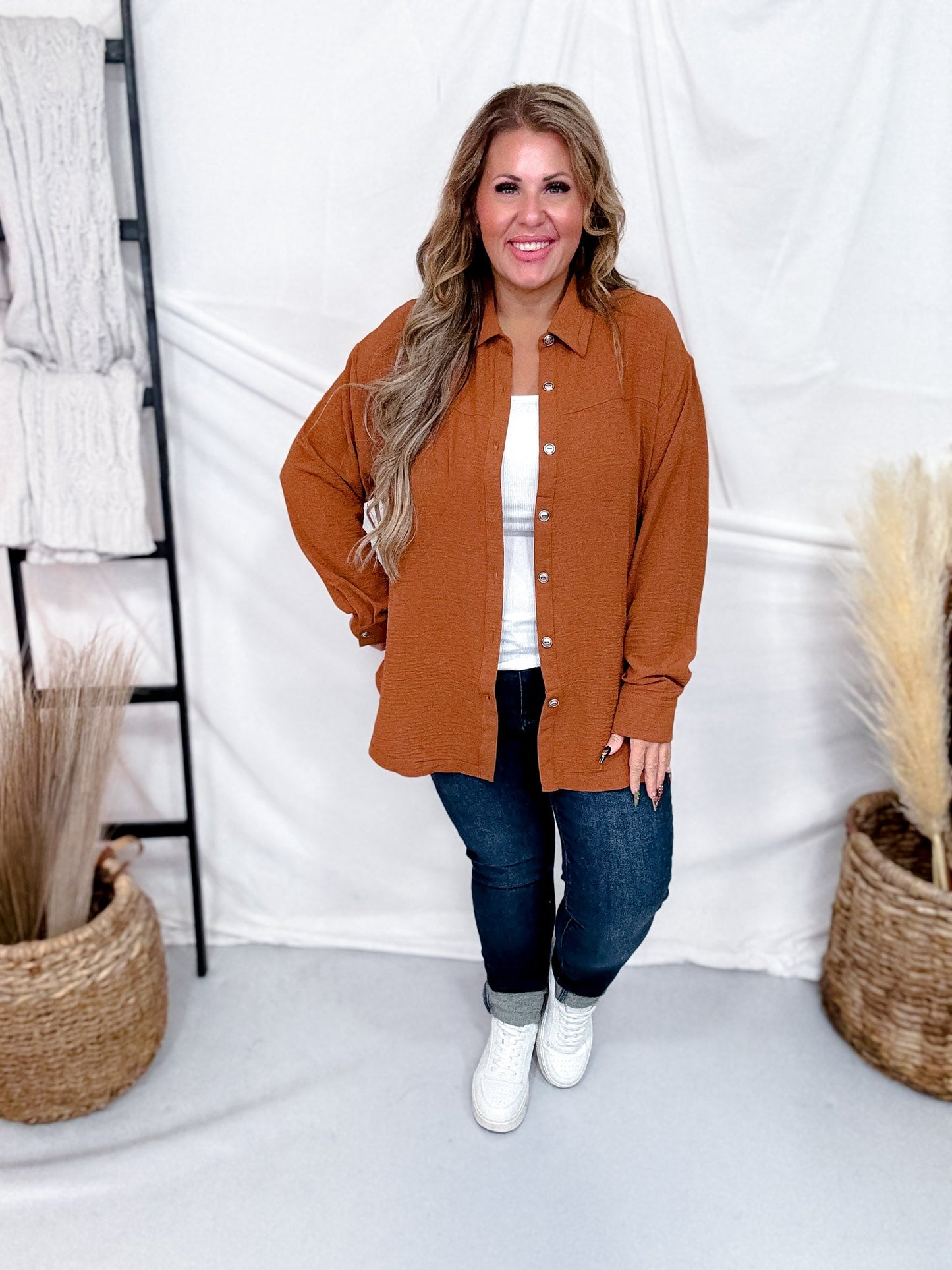 Textured Long Sleeve Button Front Blouse (5 Colors) - Whiskey Skies - DEAR SCARLETT