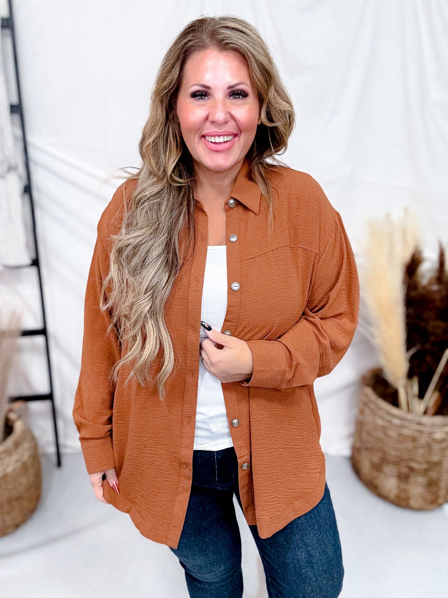 Textured Long Sleeve Button Front Blouse (5 Colors) - Whiskey Skies - DEAR SCARLETT