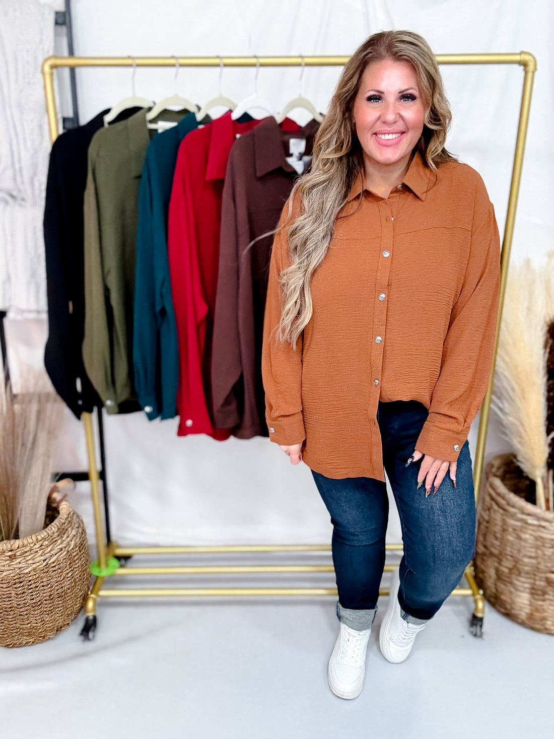 Textured Long Sleeve Button Front Blouse (5 Colors) - Whiskey Skies - DEAR SCARLETT