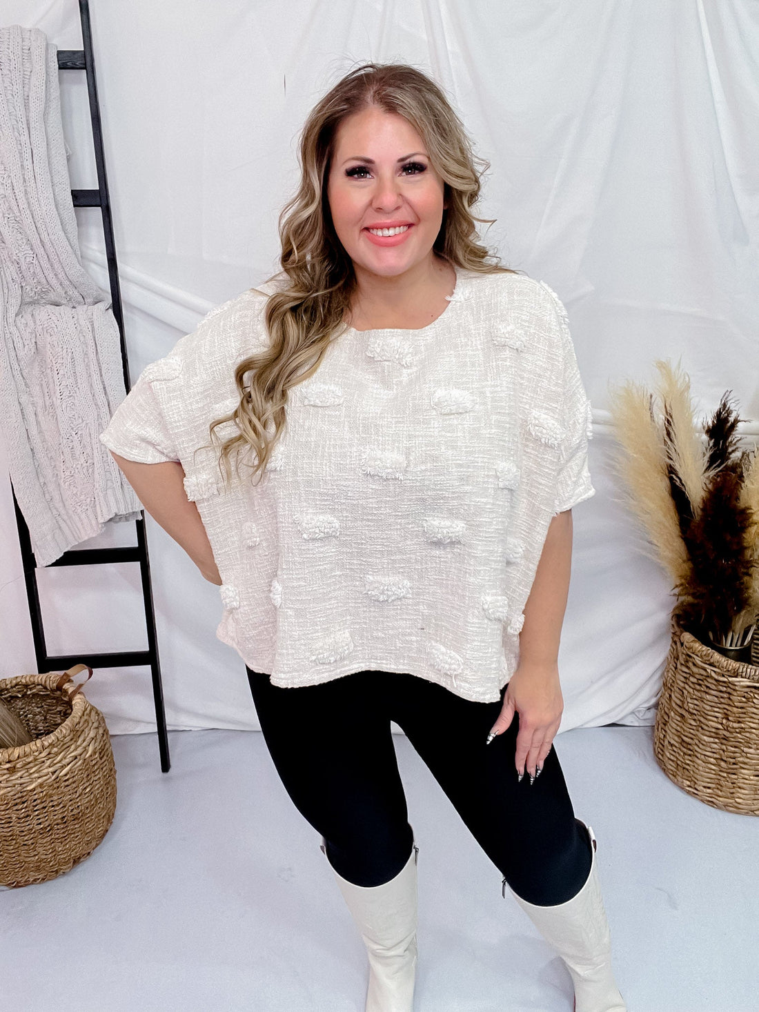 Textured Short Sleeve Cream Boxy Top - Whiskey Skies - THE PAPERLACE