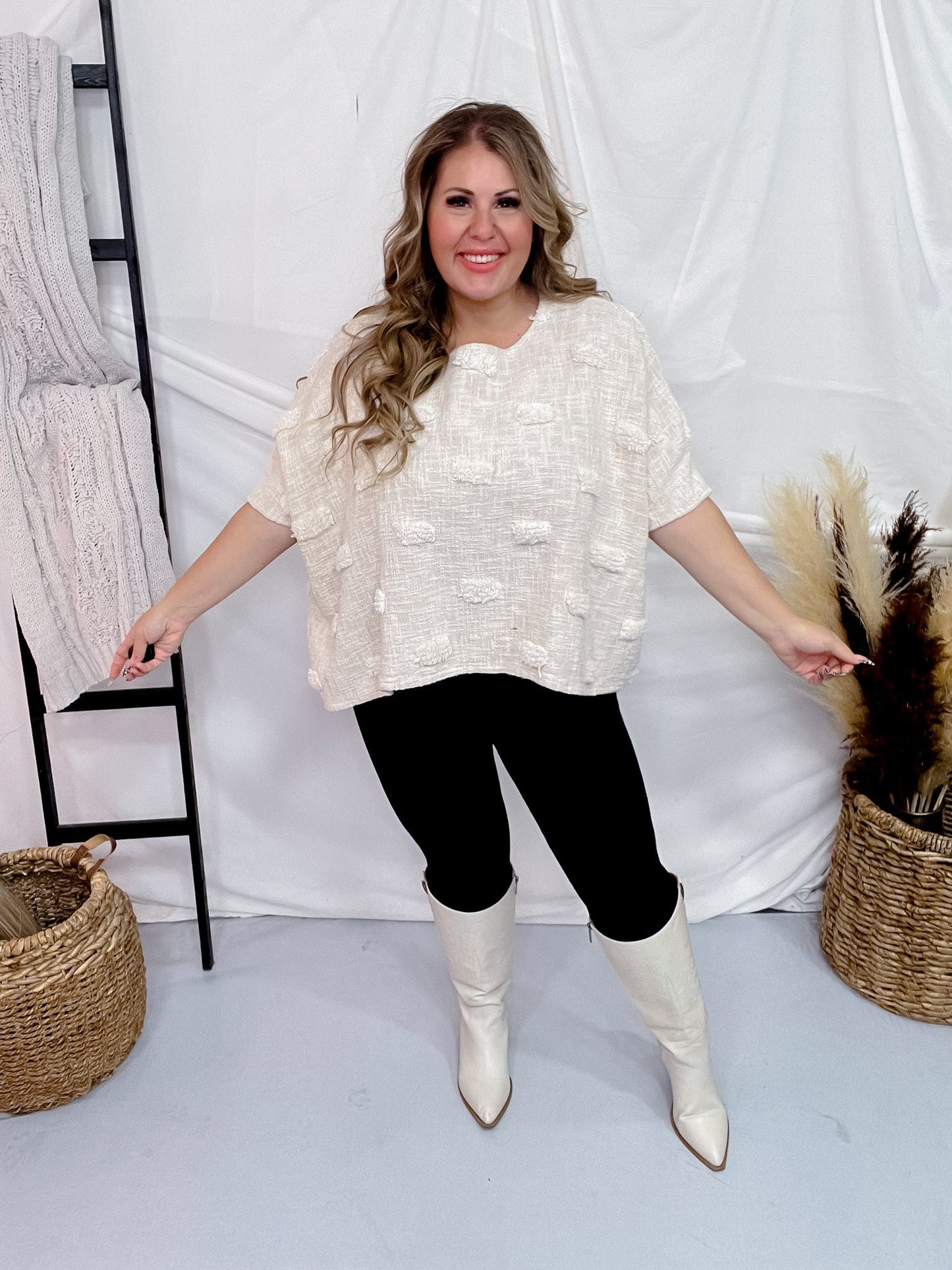 Textured Short Sleeve Cream Boxy Top - Whiskey Skies - THE PAPERLACE