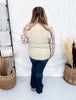 Textured Taupe Top With Cuffed Floral Sleeves - Whiskey Skies - HAYDEN