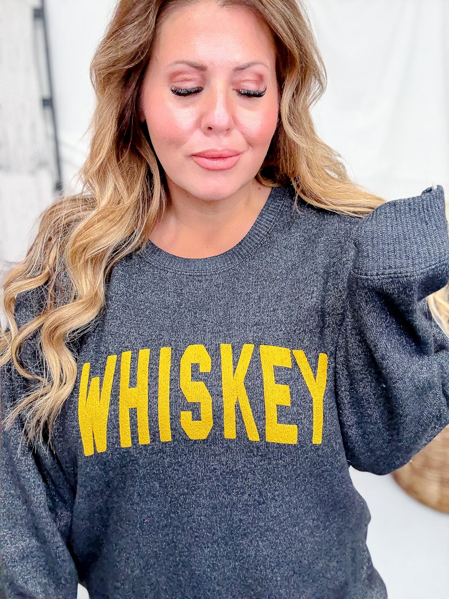 Textured Whiskey Long Sleeve Knit Sweatshirt - Whiskey Skies - SOUTHERN BLISS COMPANY