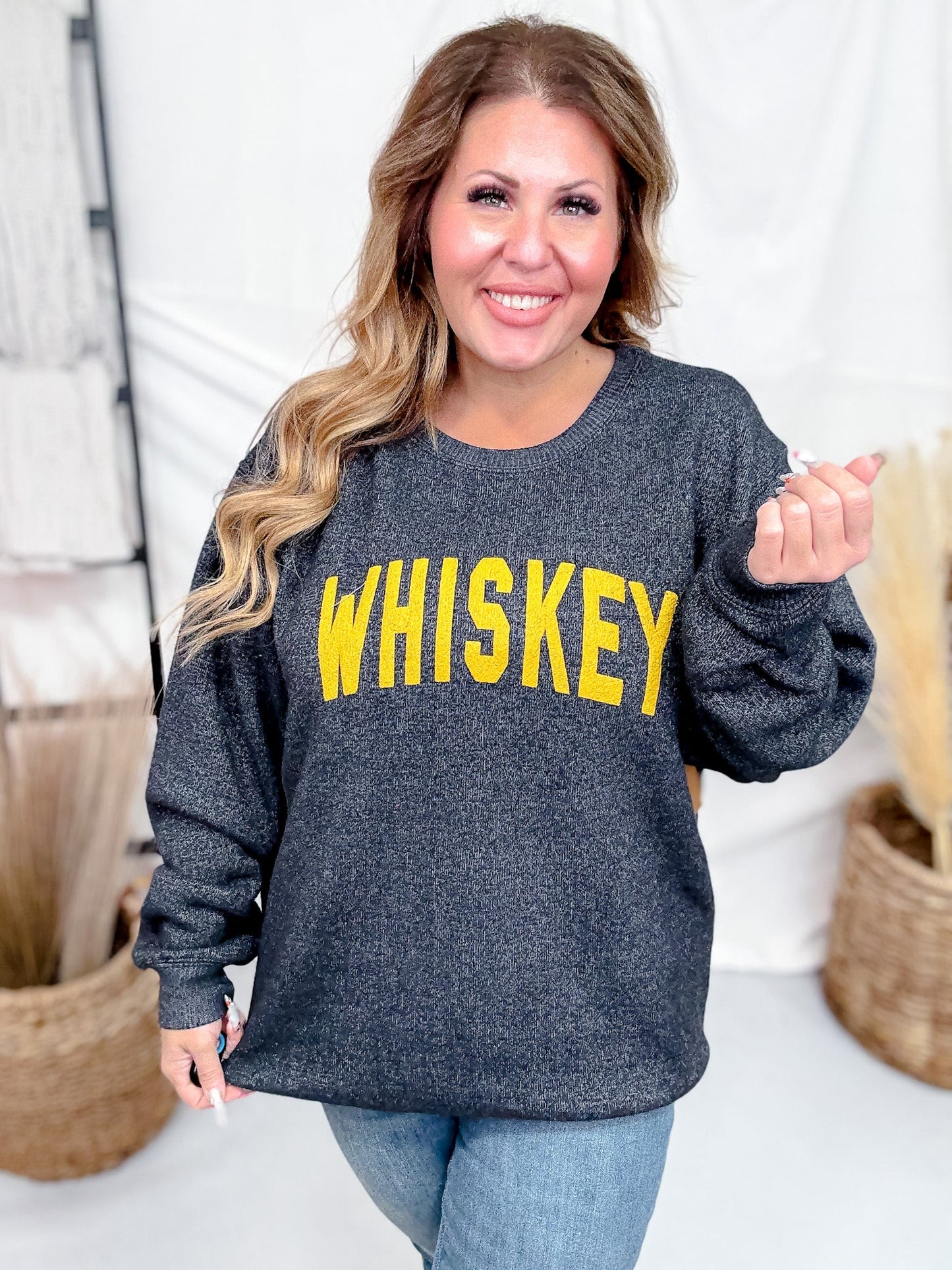 Textured Whiskey Long Sleeve Knit Sweatshirt - Whiskey Skies - SOUTHERN BLISS COMPANY