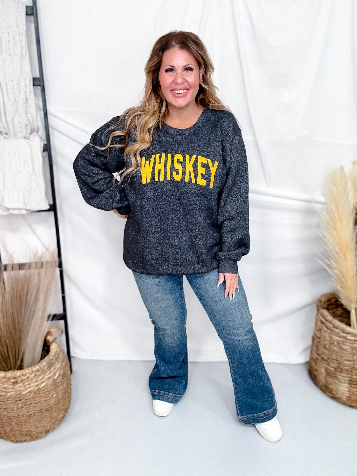 Textured Whiskey Long Sleeve Knit Sweatshirt - Whiskey Skies - SOUTHERN BLISS COMPANY