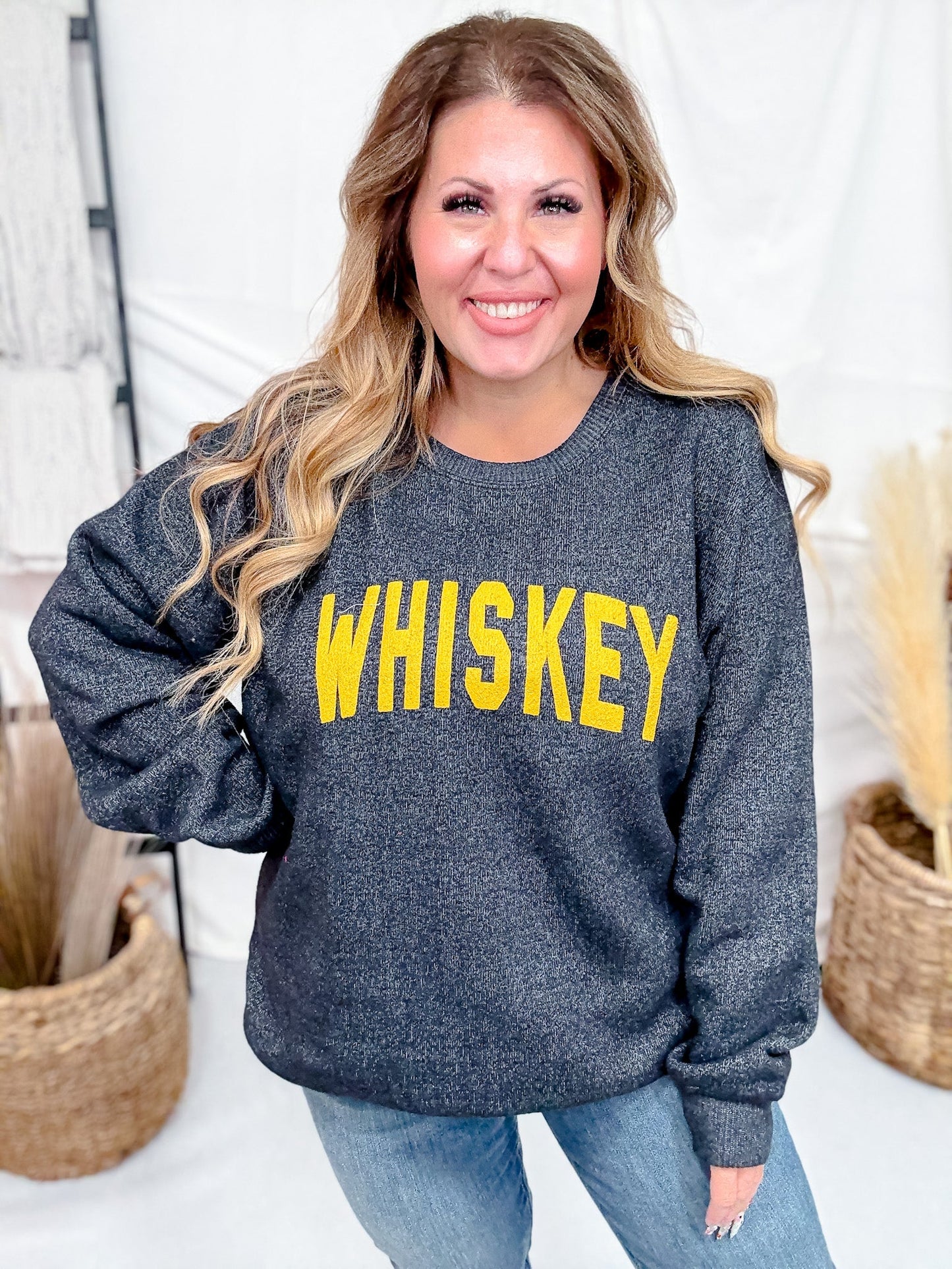Textured Whiskey Long Sleeve Knit Sweatshirt - Whiskey Skies - SOUTHERN BLISS COMPANY