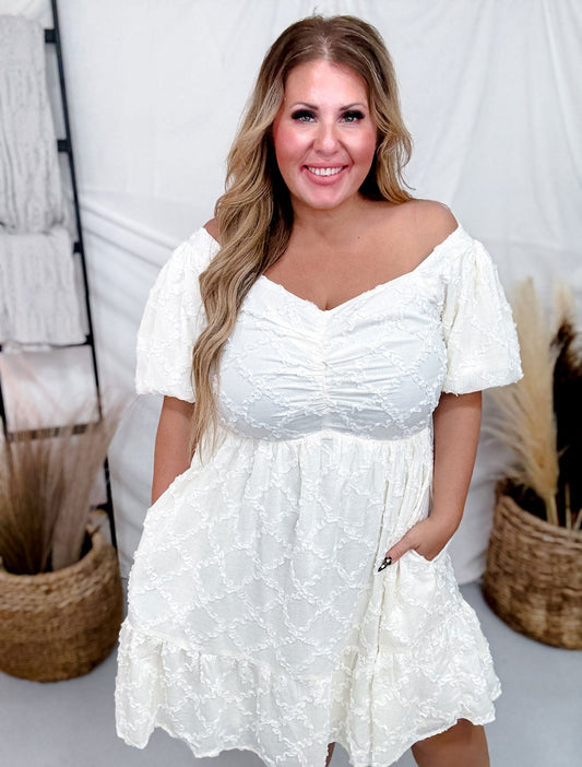 Textured Woven Dress With Balloon Sleeves In Cream - Whiskey Skies - DAVI & DANI