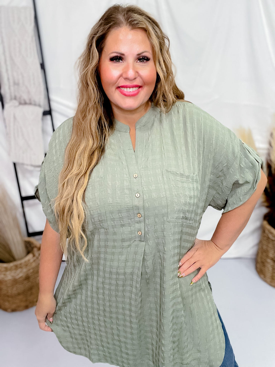 Textured Woven Olive Tunic Top - Whiskey Skies - GIGIO