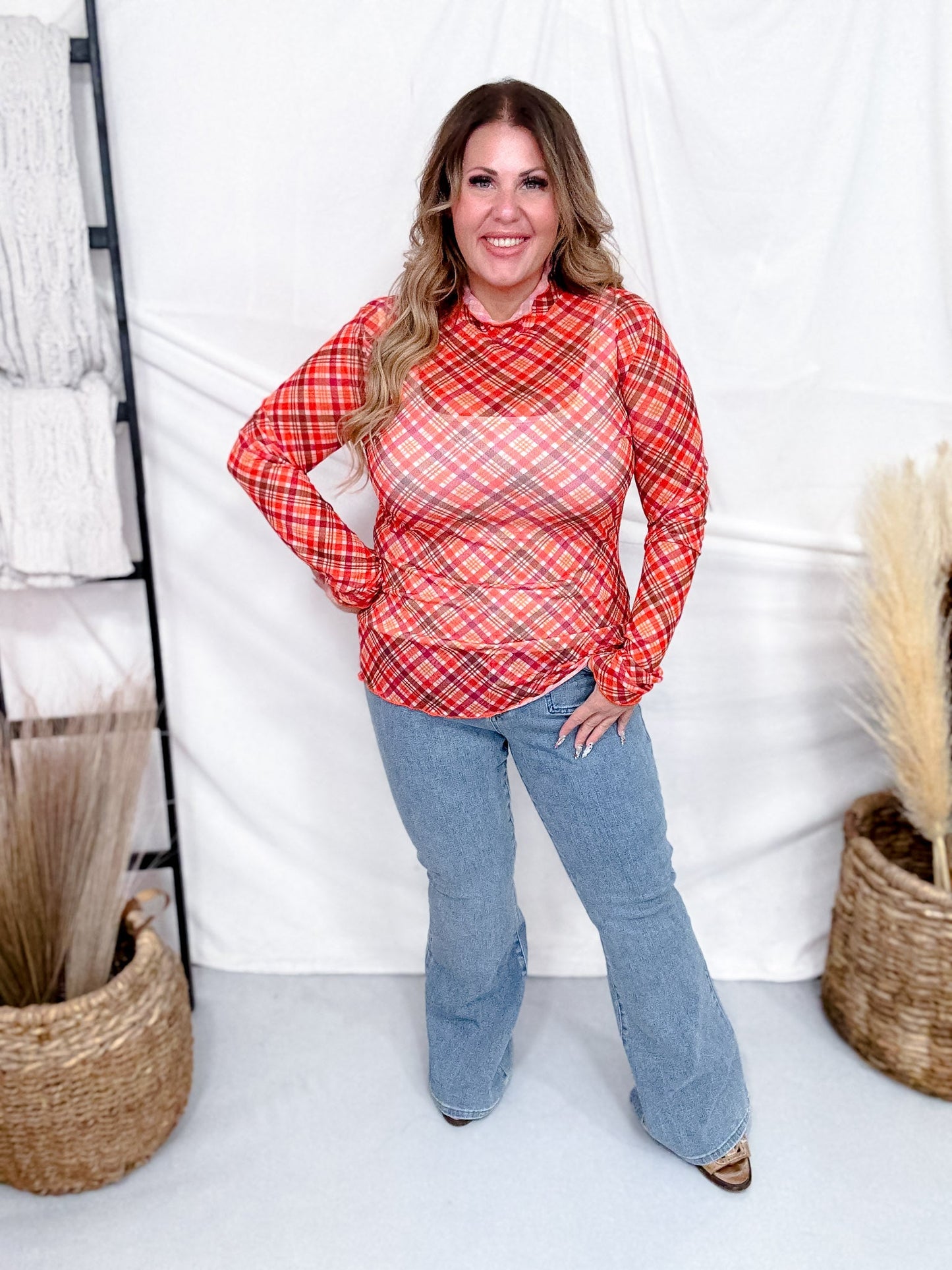 Thankful Orange Plaid Keigan Mesh Top - Whiskey Skies - JESS LEA