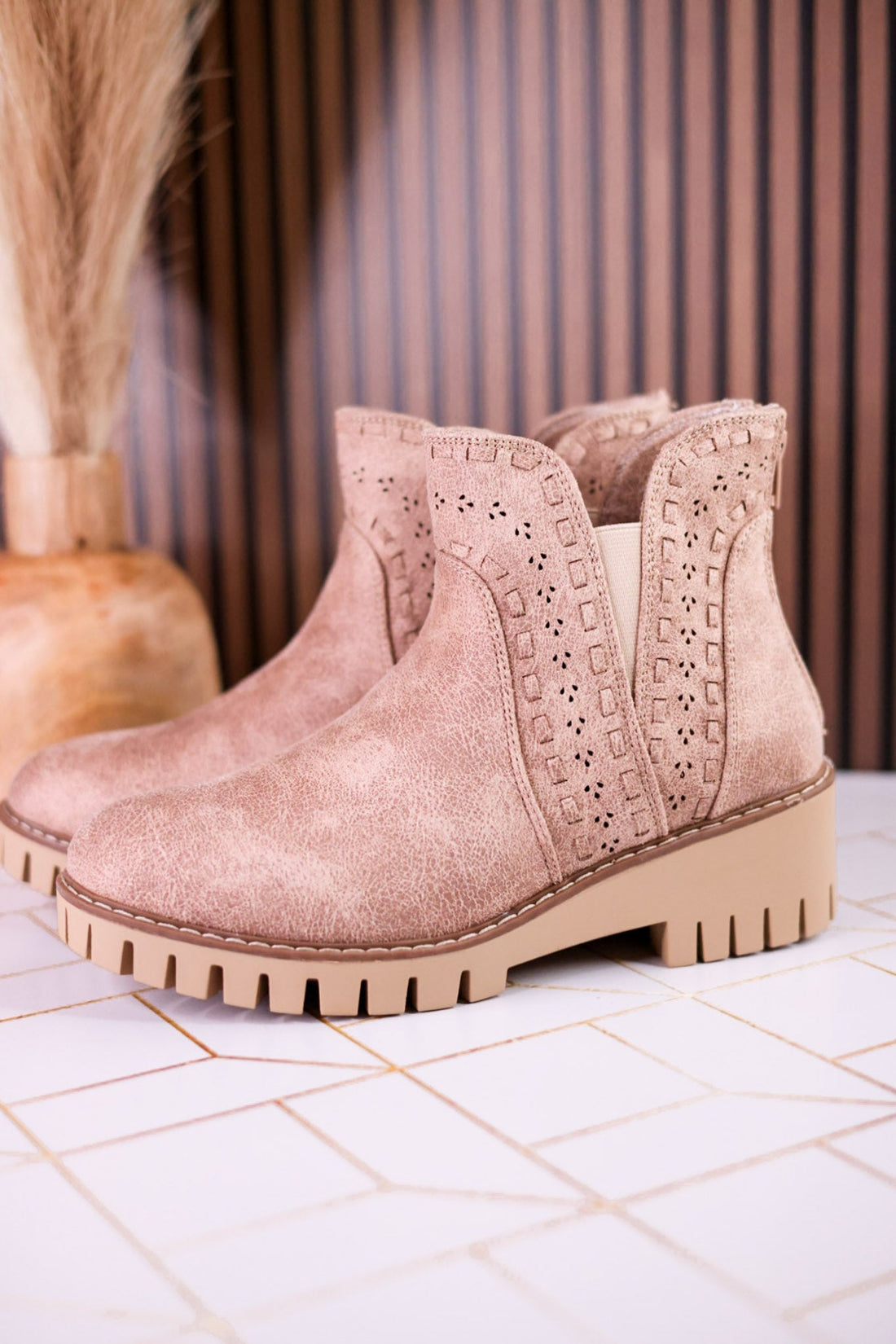 The Aryana Beige Bootie With Whipstitch Detailing - Whiskey Skies - VERY G