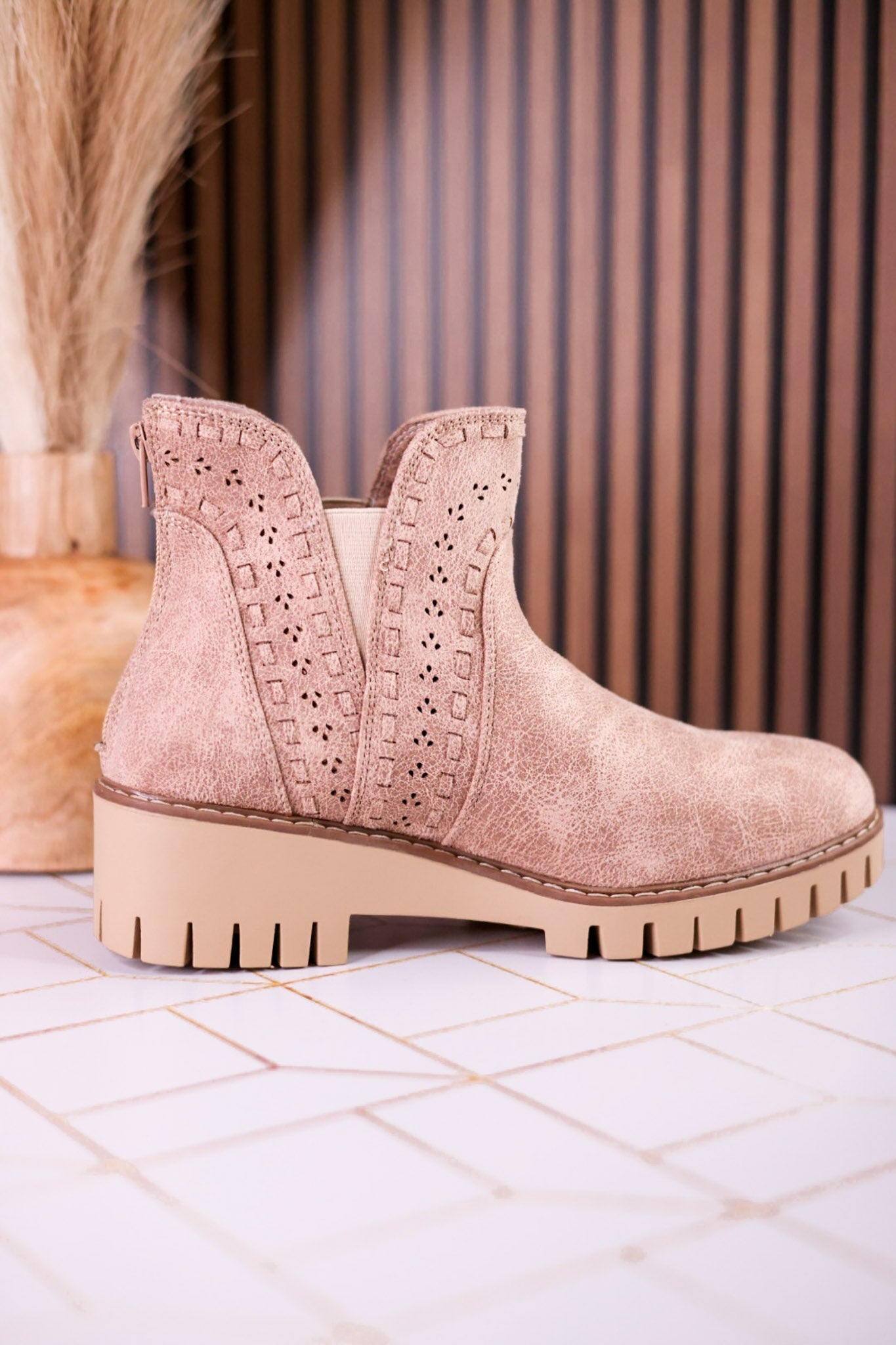 The Aryana Beige Bootie With Whipstitch Detailing - Whiskey Skies - VERY G