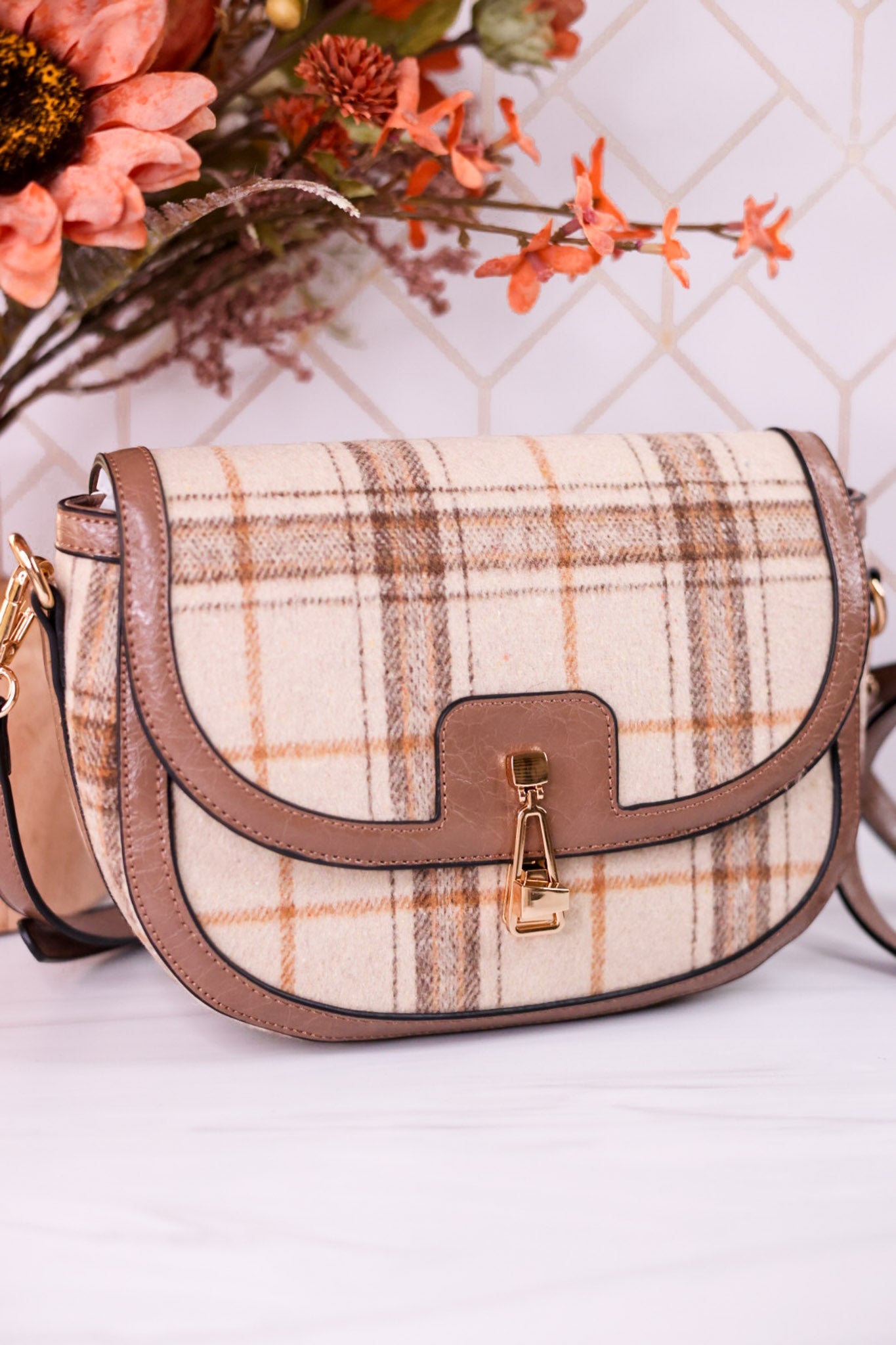 The Calloway Rust And Cream Plaid Crossbody Bag - Whiskey Skies - JEN & CO