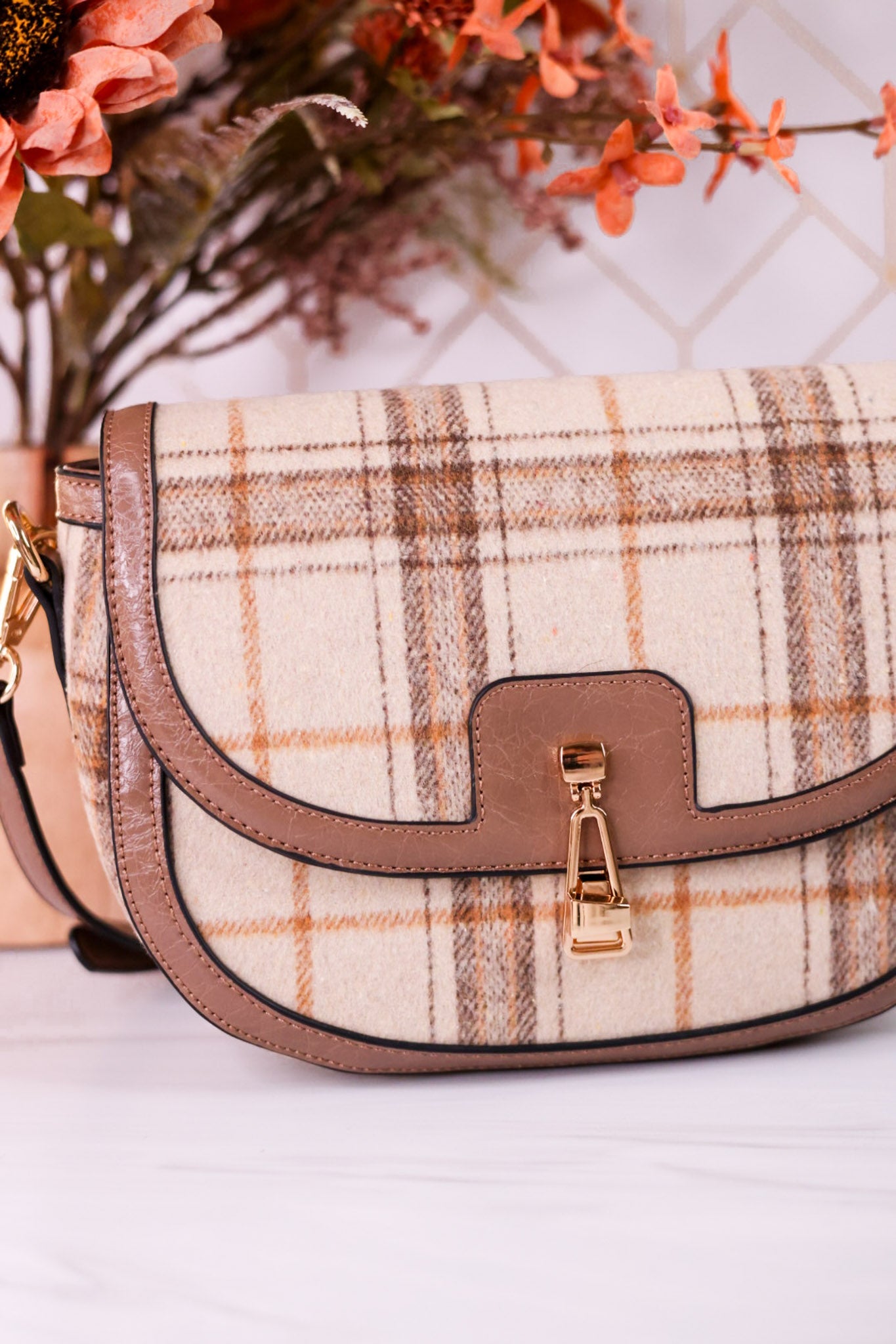 The Calloway Rust And Cream Plaid Crossbody Bag - Whiskey Skies - JEN & CO