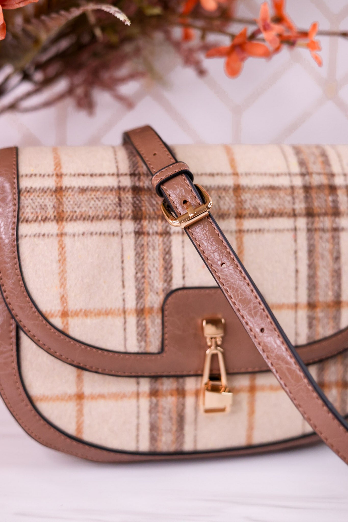The Calloway Rust And Cream Plaid Crossbody Bag - Whiskey Skies - JEN & CO