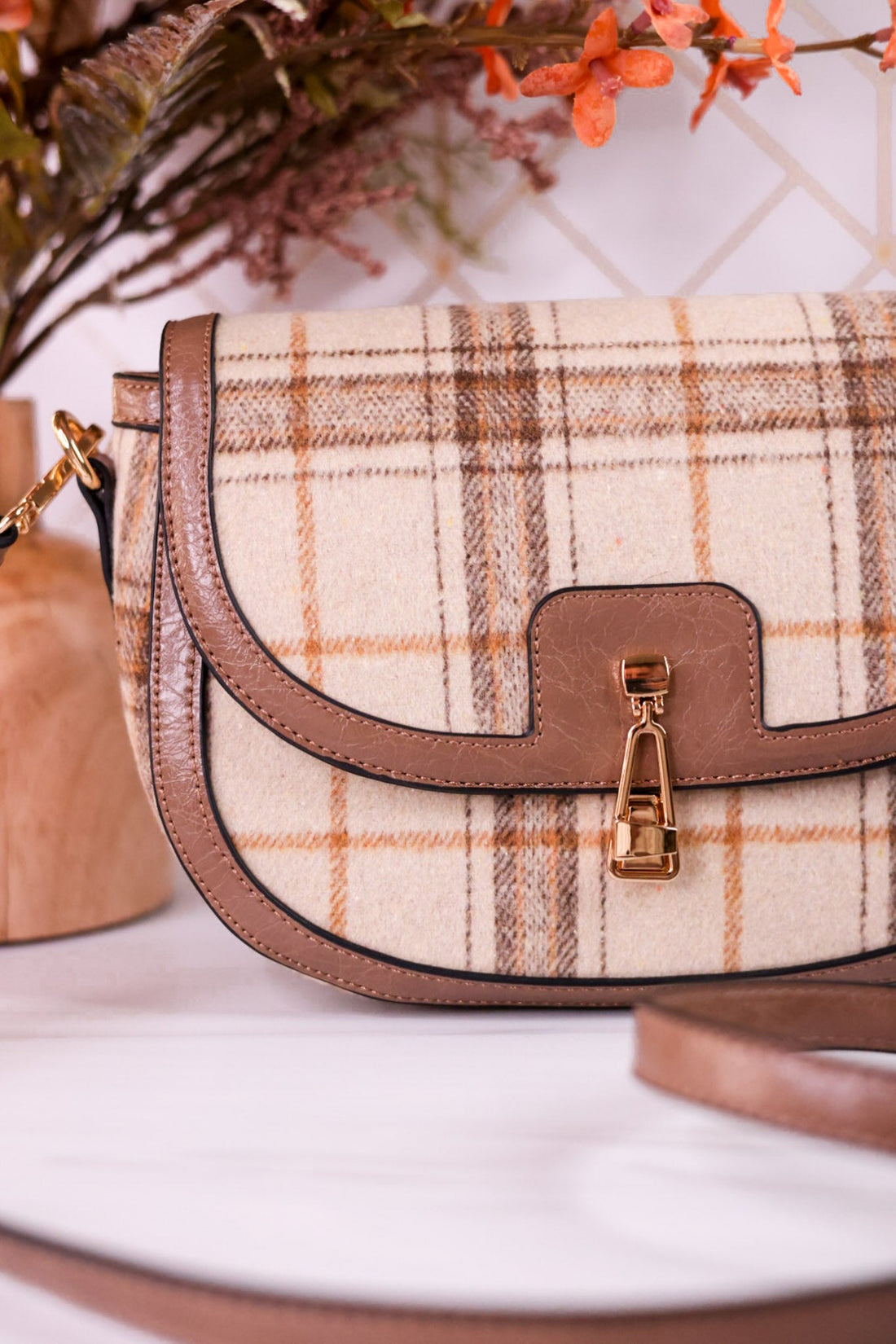 The Calloway Rust And Cream Plaid Crossbody Bag - Whiskey Skies - JEN & CO