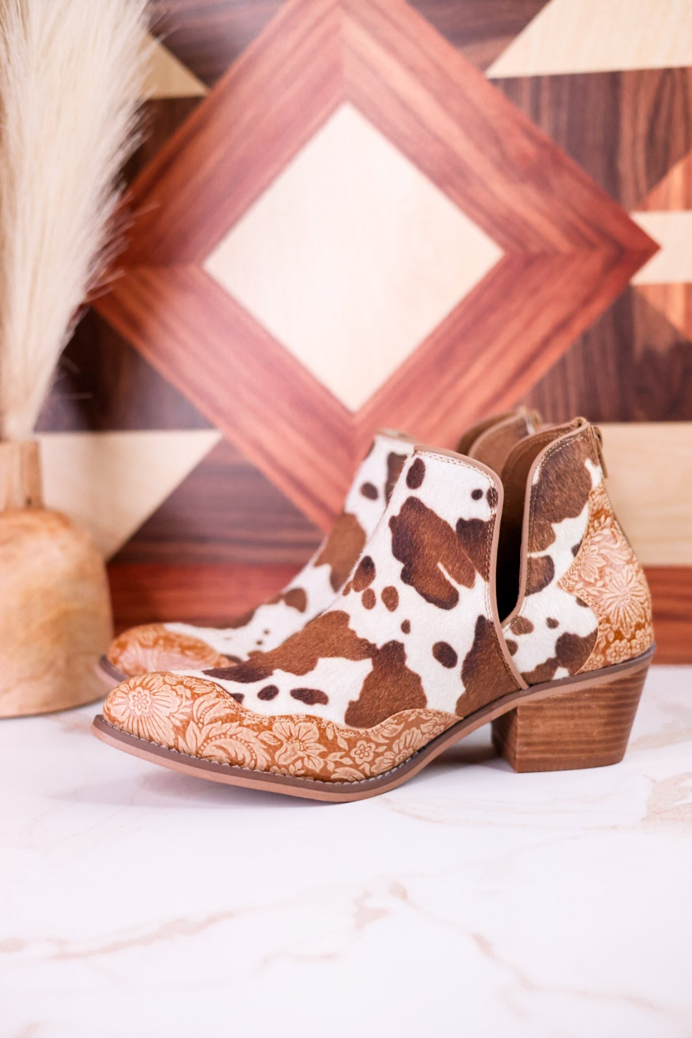 The Christina Tan Cow Print Booties With Tooled Vegan Leather - Whiskey Skies - VERY G