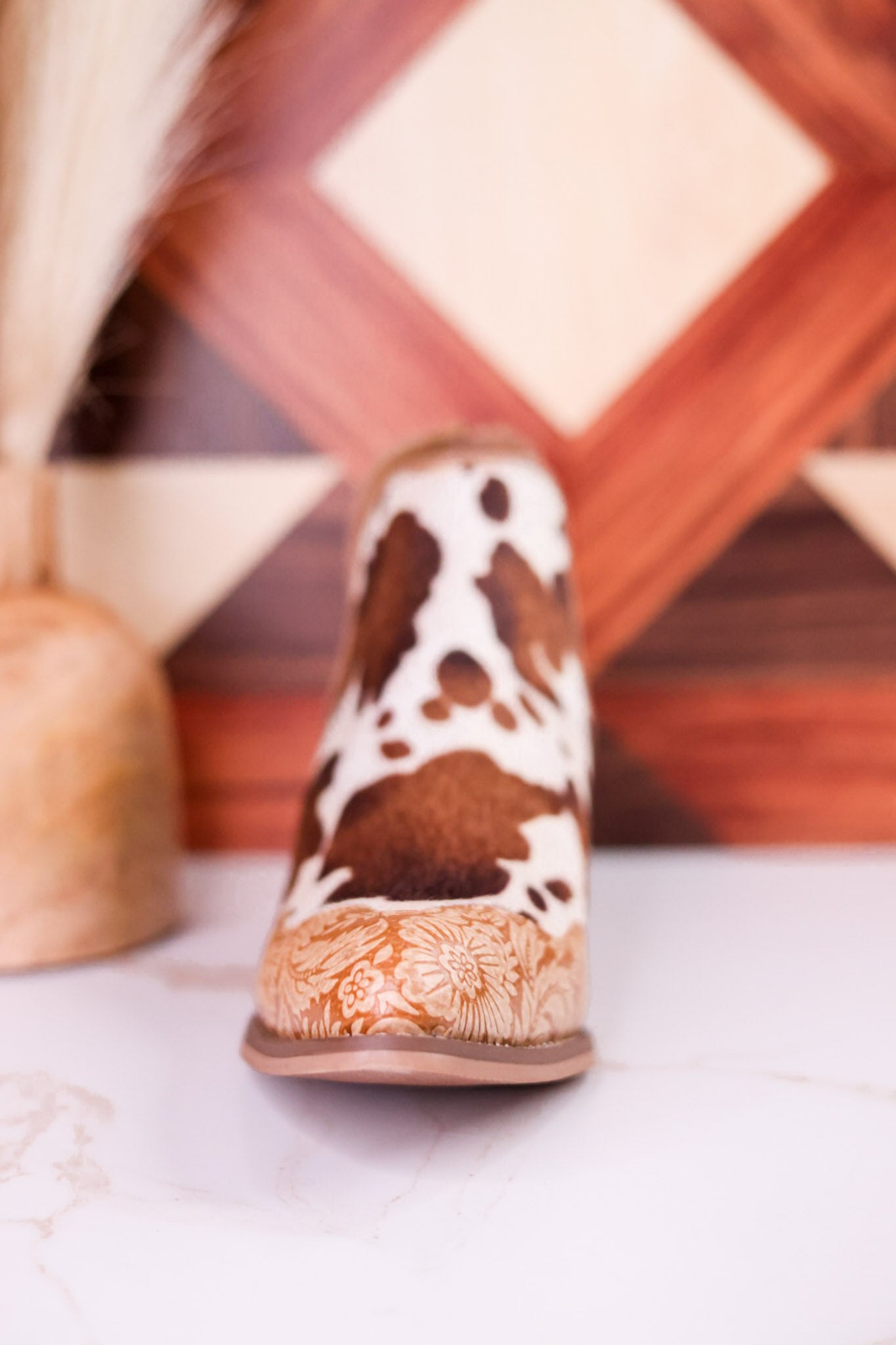 The Christina Tan Cow Print Booties With Tooled Vegan Leather - Whiskey Skies - VERY G