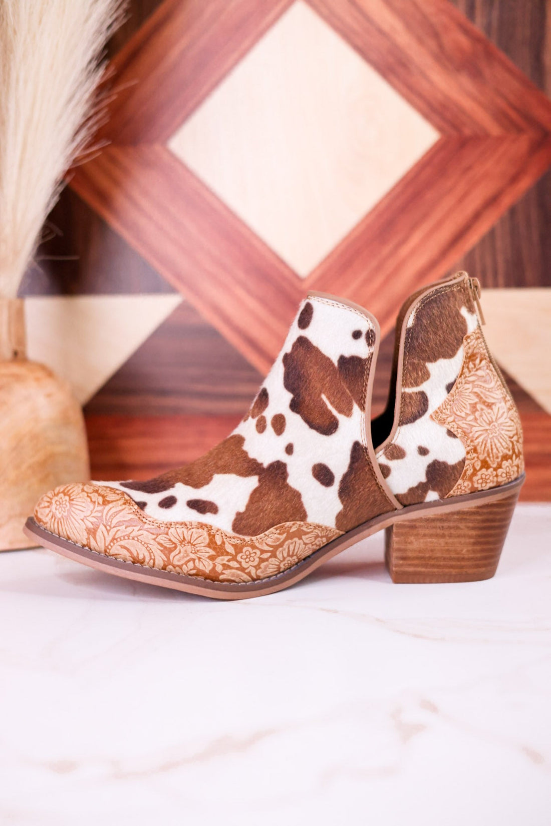 The Christina Tan Cow Print Booties With Tooled Vegan Leather - Whiskey Skies - VERY G
