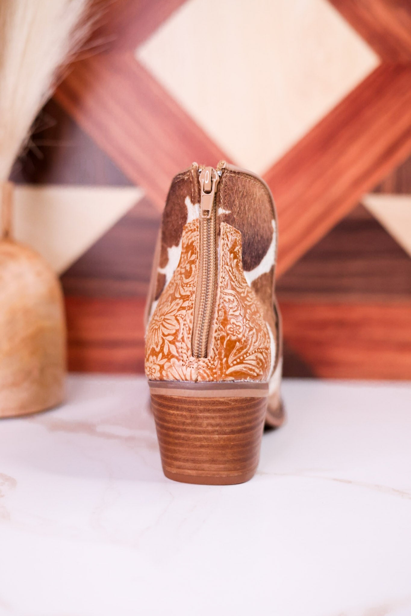 The Christina Tan Cow Print Booties With Tooled Vegan Leather - Whiskey Skies - VERY G