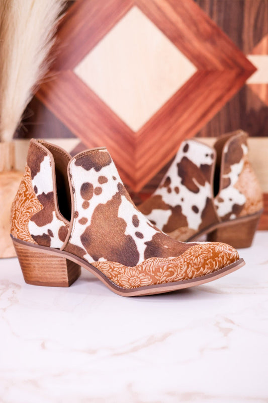 The Christina Tan Cow Print Booties With Tooled Vegan Leather - Whiskey Skies - VERY G