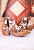 The Christina Tan Cow Print Booties With Tooled Vegan Leather - Whiskey Skies - VERY G