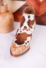 The Christina Tan Cow Print Booties With Tooled Vegan Leather - Whiskey Skies - VERY G
