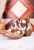 The Christina Tan Cow Print Booties With Tooled Vegan Leather - Whiskey Skies - VERY G