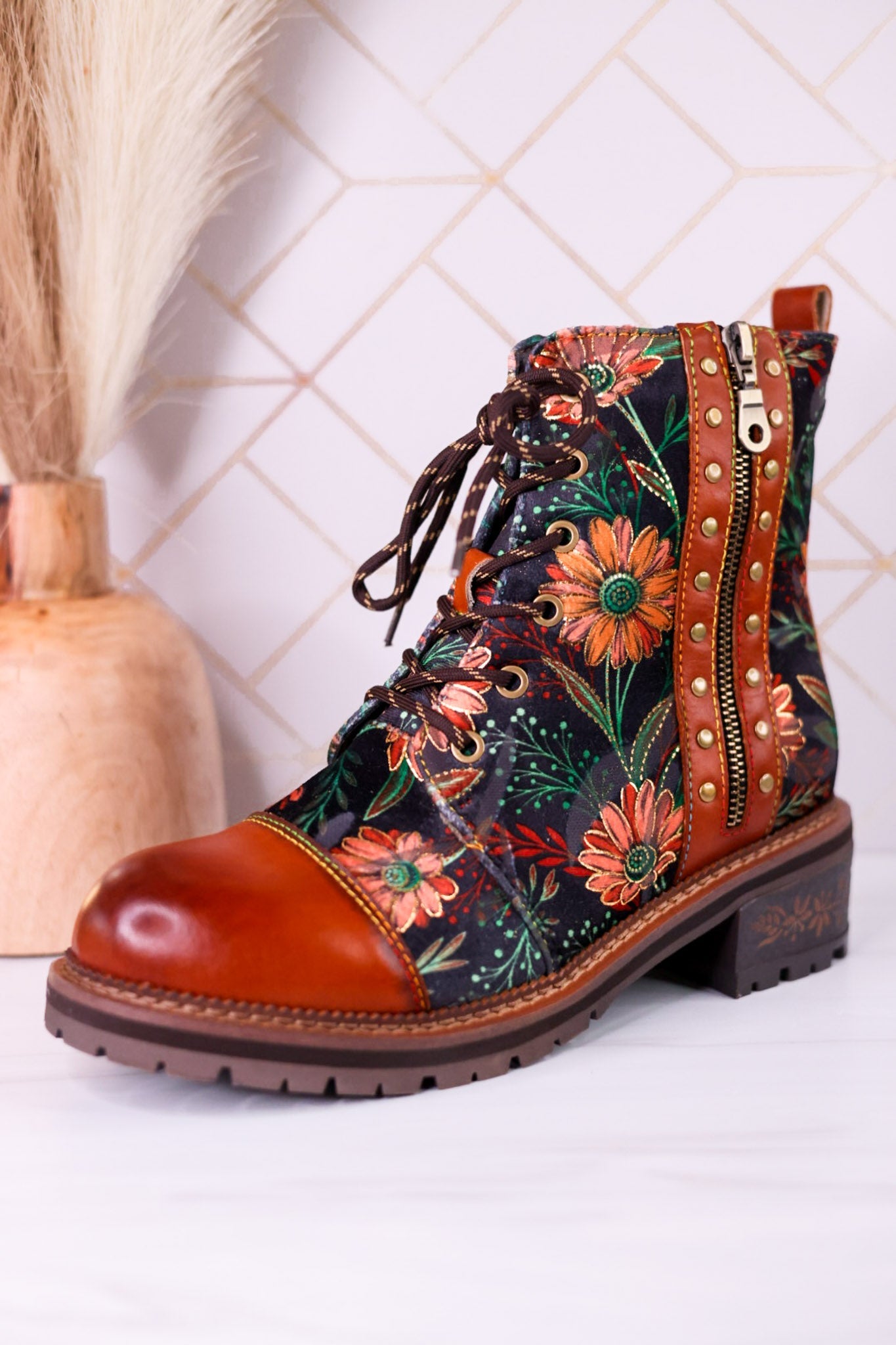 "The Cordea" Floral Embossed Camel Boots - Whiskey Skies - SPRING FOOTWEAR