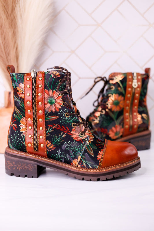 "The Cordea" Floral Embossed Camel Boots - Whiskey Skies - SPRING FOOTWEAR