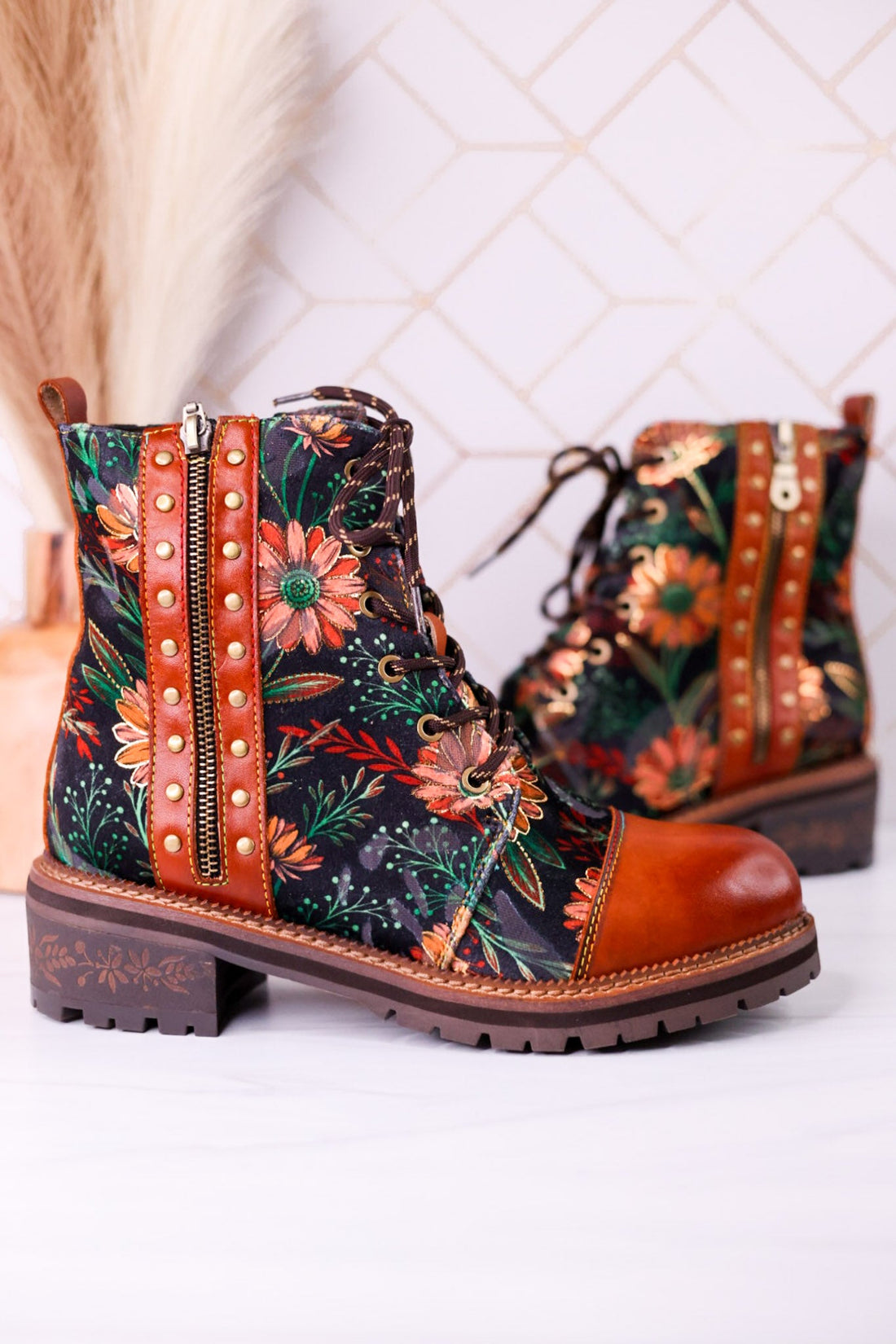 "The Cordea" Floral Embossed Camel Boots - Whiskey Skies - SPRING FOOTWEAR