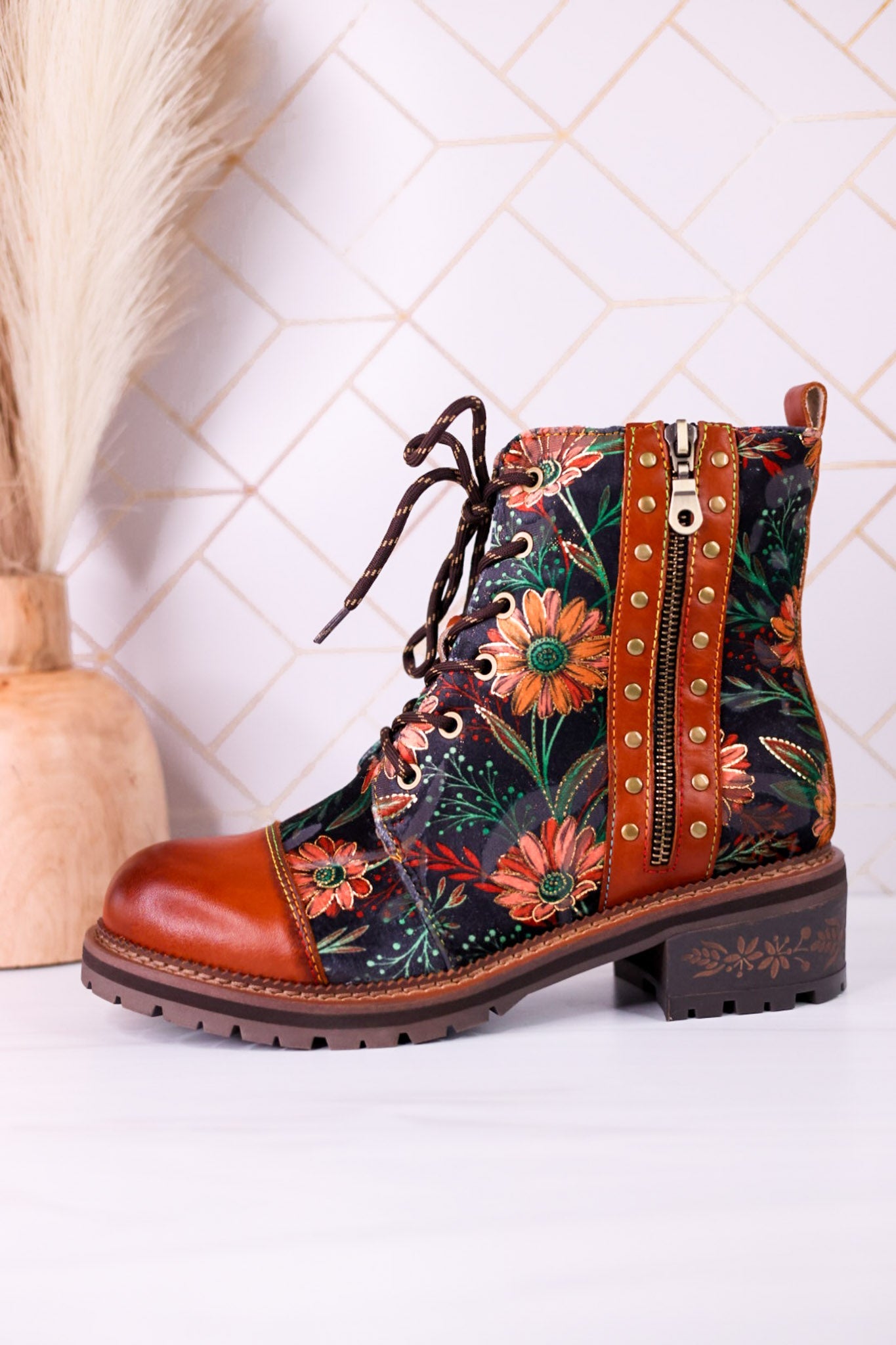 "The Cordea" Floral Embossed Camel Boots - Whiskey Skies - SPRING FOOTWEAR
