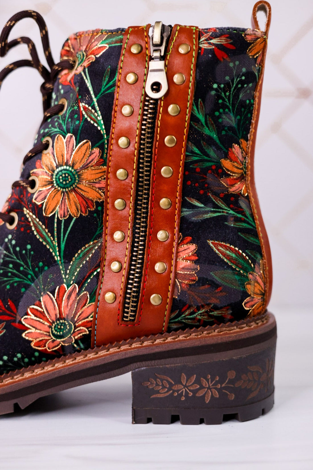 "The Cordea" Floral Embossed Camel Boots - Whiskey Skies - SPRING FOOTWEAR