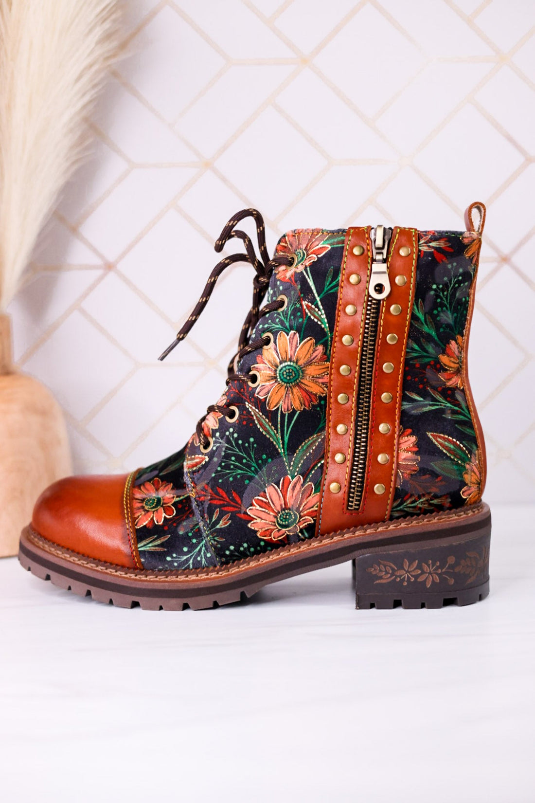 "The Cordea" Floral Embossed Camel Boots - Whiskey Skies - SPRING FOOTWEAR