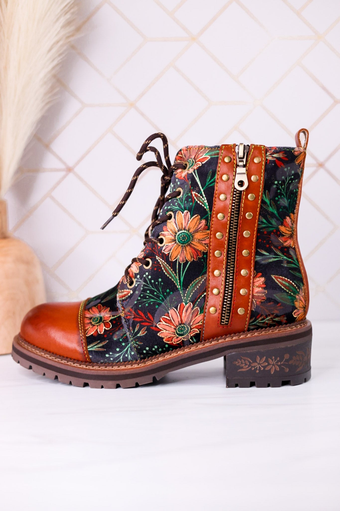 "The Cordea" Floral Embossed Camel Boots - Whiskey Skies - SPRING FOOTWEAR