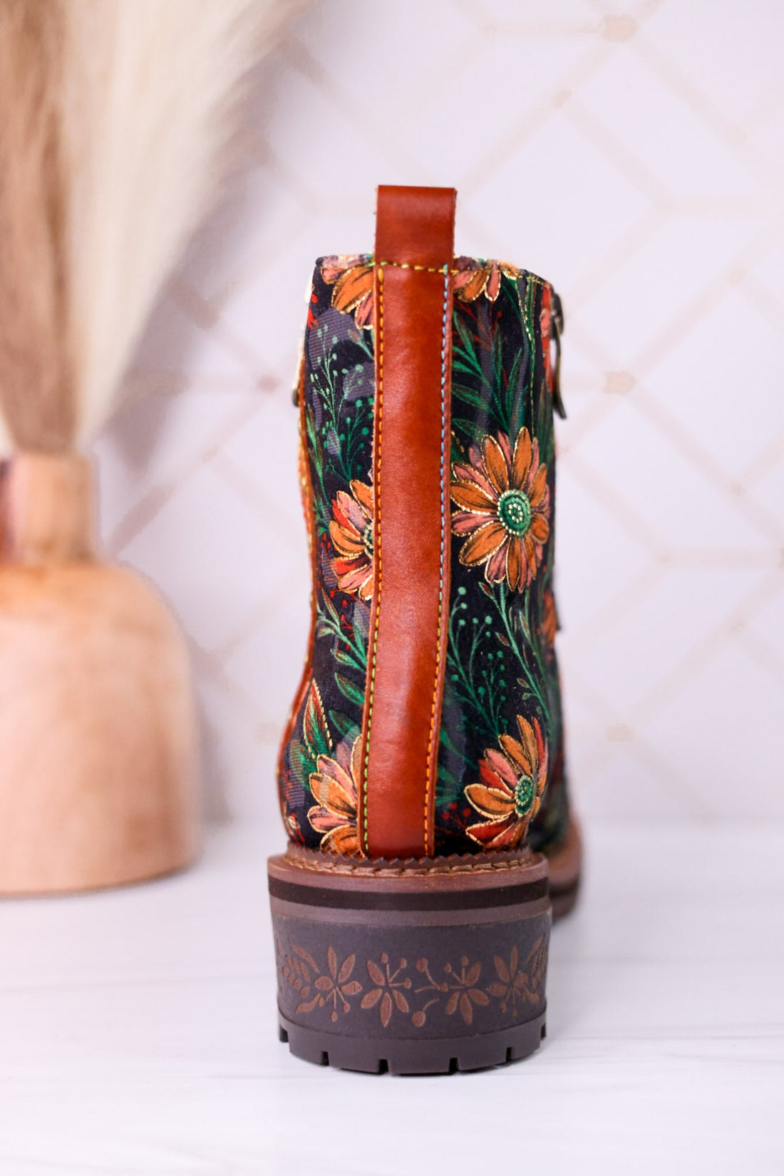 "The Cordea" Floral Embossed Camel Boots - Whiskey Skies - SPRING FOOTWEAR