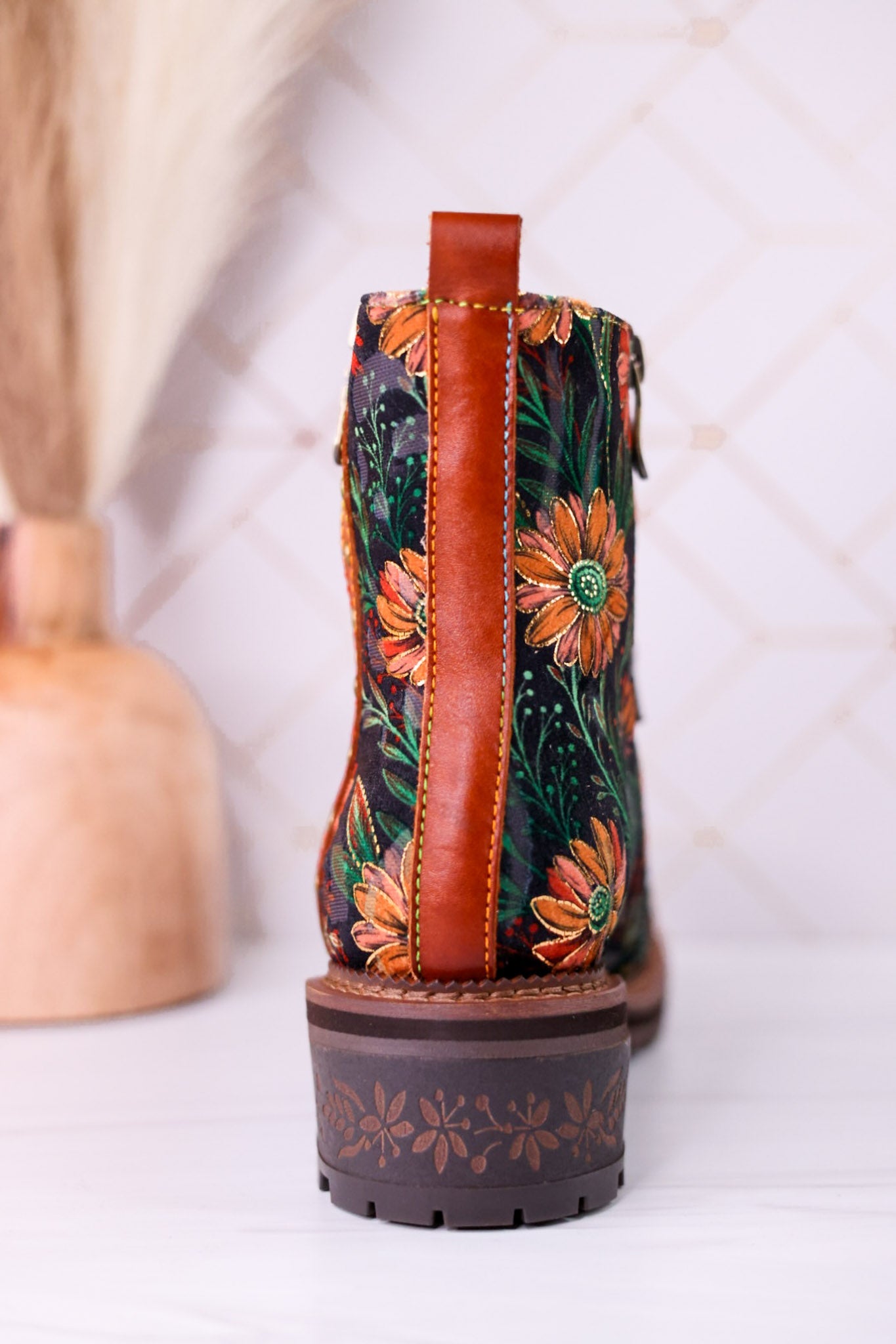 "The Cordea" Floral Embossed Camel Boots - Whiskey Skies - SPRING FOOTWEAR