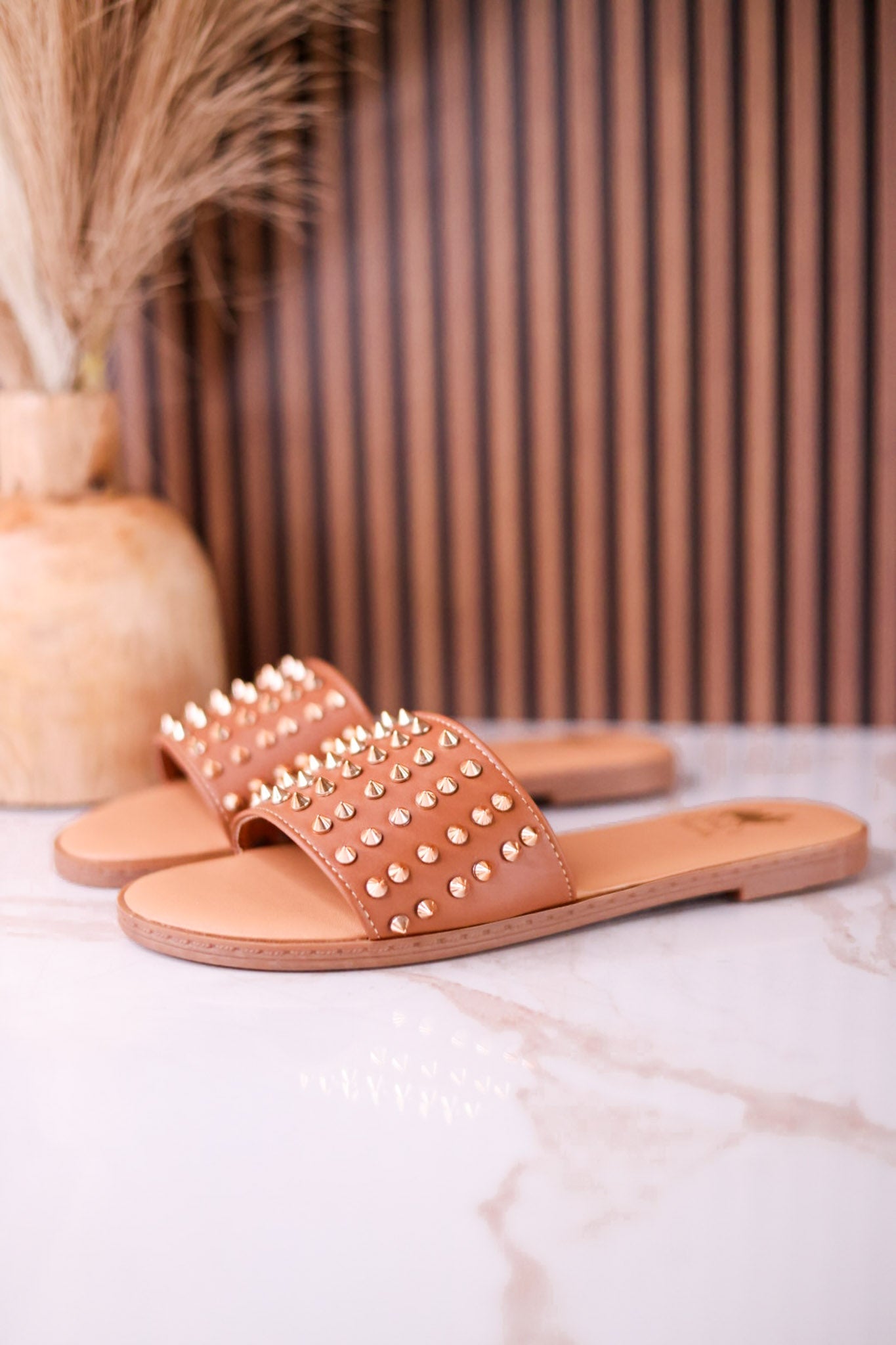 The Flirtini Studded Sandals In Camel Brown - Whiskey Skies - CAMEL THREADS